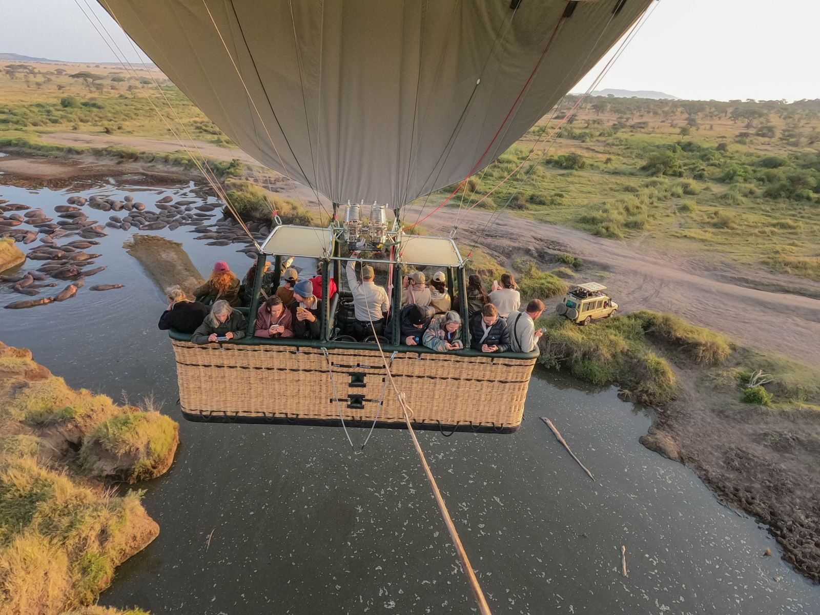 Hot-air balloon over the Serengeti at sunrise