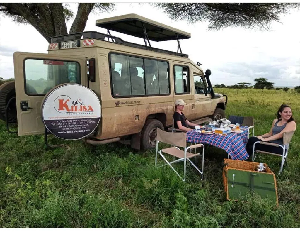 Guests having a bush picnic at a table beside a Kilisa Tours safari Land Cruiser under an acacia tree